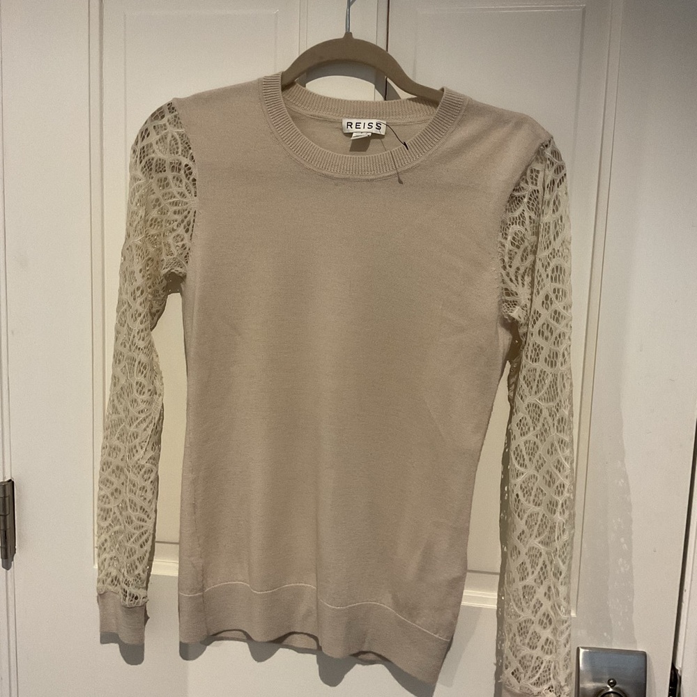 Reiss Beige Knit Top with Lace Long Sleeves